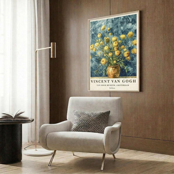 May include: Van Gogh poster print showing yellow flowers in a vase against blue brushstrokes, hung on wood paneled wall above beige upholstered chair with geometric pillow. Modern floor lamp and side table with open book complete the neutral-toned reading nook setting.