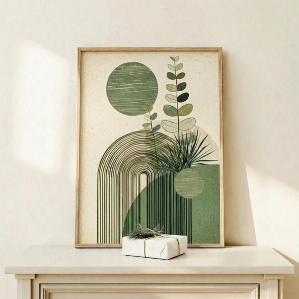 May include: Framed botanical abstract art print featuring green geometric shapes, circles, and plant motifs displayed on light wood surface next to small wrapped gift package with natural twine and sprig, against cream colored wall with soft natural lighting