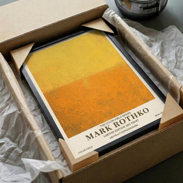 Abstract expressionist artwork with yellow-orange gradient color field in black frame, nestled in cardboard shipping box with protective wrapping paper. The textured canvas shows brushstroke details transitioning from bright yellow at top to warm orange below. Wooden frame corners and white tissue paper visible around carefully packaged art print.