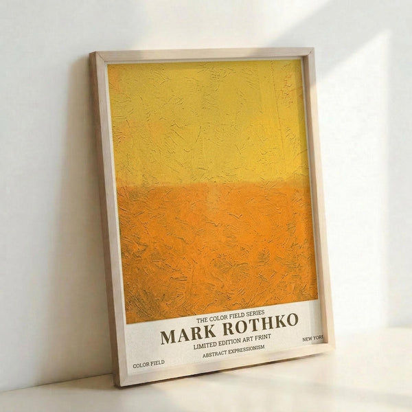 May include: Framed art print with yellow and orange color field design in thick, textured brushstrokes. The abstract painting transitions from bright yellow at top to warm orange at bottom. White text at bottom reads "MARK ROTHKO" and details about the color field series. Light wood frame sits against white wall, casting subtle shadow.