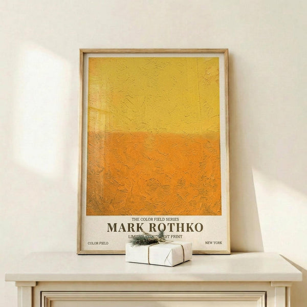 May include: Abstract art poster with yellow to orange gradient color field in light wood frame, displayed on white wooden shelf beside small wrapped gift with green sprig, against cream wall with natural lighting