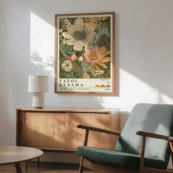 May include: Framed botanical art print featuring large detailed flowers in green, cream, and orange tones hanging above a mid-century modern wooden credenza. Gray upholstered armchair with wooden frame sits nearby, white ceramic table lamp on credenza. Warm sunlight creates diagonal shadows on white wall. Print shows intricate floral design with dotted patterns and flowing organic shapes in vintage Japanese art style.