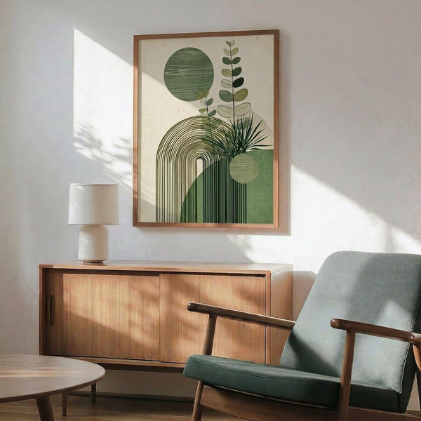 May include: Abstract botanical wall art in wooden frame above mid-century modern credenza. Green and cream artwork features geometric circles, plant stems, and linear patterns. Sage green upholstered chair with wooden arms sits beside credenza with white ceramic lamp. Warm sunlight creates dramatic shadows across white wall and wooden furniture surfaces.