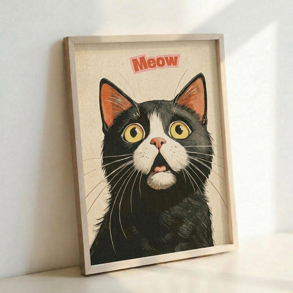 May include: Framed poster print leaning against white wall showing illustrated black and white tuxedo cat with bright yellow-green eyes and surprised expression. Red "Meow" text appears above the cat on cream-colored background. Natural wood frame surrounds the vintage-style artwork in this room mockup display.