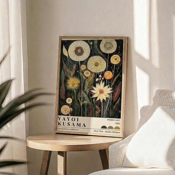 May include: Framed botanical art print with dark background featuring stylized flowers, dandelions, and circular seed heads in cream, yellow, and orange tones. Print displays on round wooden side table next to beige upholstered chair with plant leaves visible in corner. Natural lighting creates soft shadows on neutral wall background.