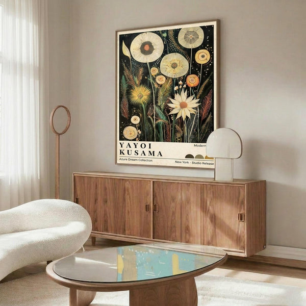 May include: Framed botanical art poster with dark background featuring cream and yellow circular flowers, dandelions, and foliage displayed above a mid-century modern walnut credenza in a minimalist living room with curved white chair, glass coffee table, and natural lighting from nearby window.