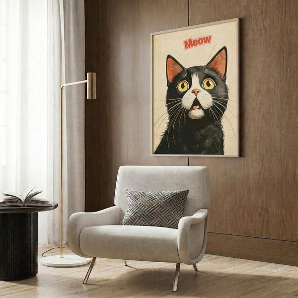 May include: Framed poster of a black and white tuxedo cat with yellow eyes and open mouth saying "Meow" in red text, displayed on wood paneled wall above a beige upholstered armchair with geometric patterned pillow. Modern living room setting with brass floor lamp, side table with open book, and white curtains visible.