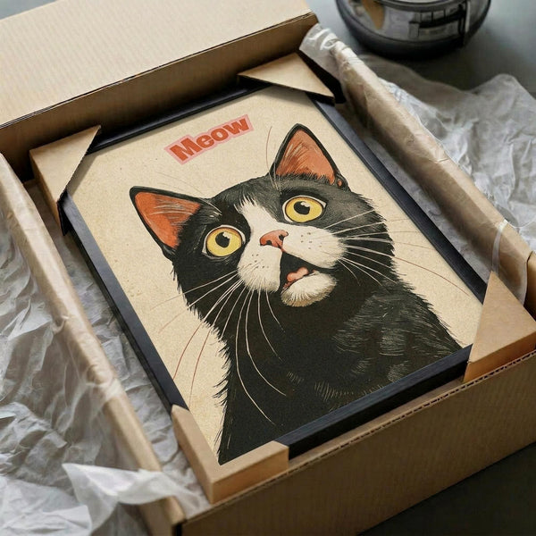 May include: Black and white tuxedo cat portrait print with yellow eyes and open mouth, featuring red "Meow" text, displayed in black frame inside cardboard shipping box with protective packaging materials on white surface