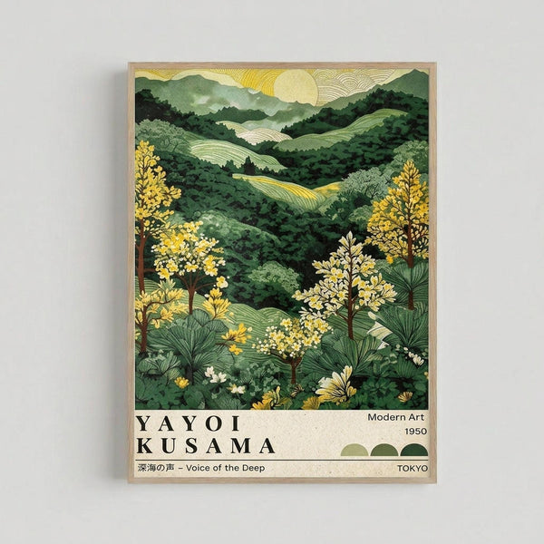 Framed art print featuring a lush green landscape with rolling hills, yellow flowering trees, and tropical plants in the foreground. A golden sun with radiating lines sits in a pale yellow sky above layered mountain ranges. The artwork uses a detailed, textured style with rich greens and warm yellows. Text at bottom reads "YAYOI KUSAMA" with Japanese characters, "Modern Art 1950," and "TOKYO" with small green circles.