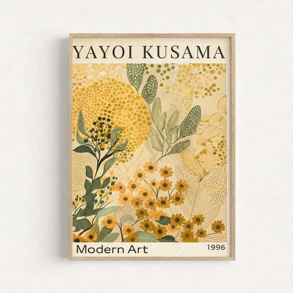 Framed botanical art print featuring stylized flowers and foliage in warm yellow, orange, and green tones with dotted patterns throughout. The artwork shows abstract floral elements including small daisy-like blooms and leafy branches against a cream background with halftone dot textures. Text reads "YAYOI KUSAMA" at top, "Modern Art" at bottom left, and "1996" at bottom right. Displayed in light wood frame against white wall.