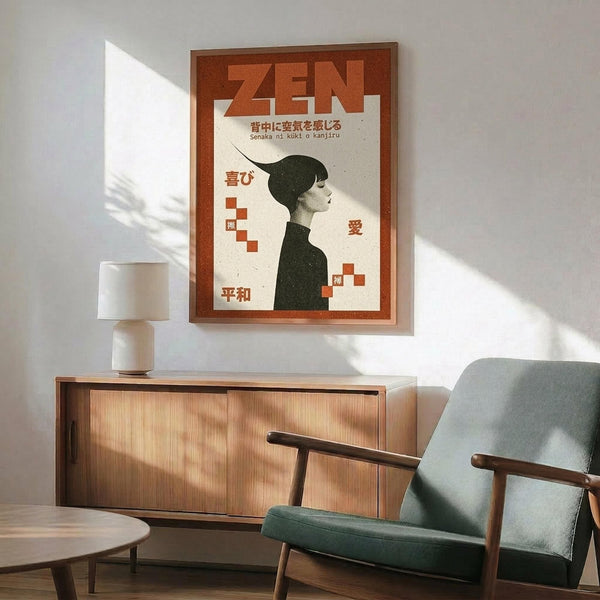 May include: Mid-century modern living room with sage green upholstered armchair and wooden sideboard. Framed poster on white wall shows silhouette of person in profile against cream background with orange geometric squares and Japanese text reading "ZEN" at top. Warm sunlight creates shadows across the space. White ceramic table lamp sits on sideboard next to partial view of round wooden coffee table.