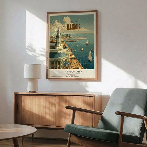 May include: Vintage-style travel poster featuring Navy Pier with Ferris wheel, sailboats on blue water, and classic architecture in warm teal and cream tones. Displayed in thin wood frame above mid-century modern credenza with table lamp, next to sage green upholstered armchair in sunlit room with white walls.