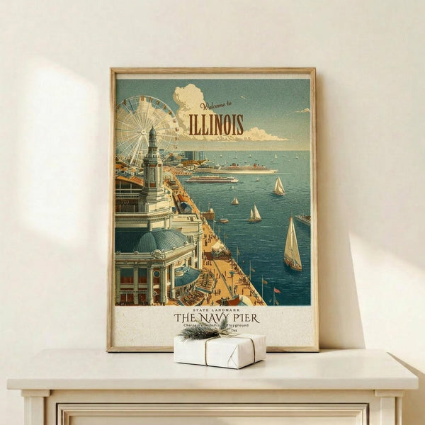 May include: Vintage-style travel poster in wooden frame showing Navy Pier with Ferris wheel, ornate buildings, and sailboats on blue water. Text reads "Welcome to Illinois" and "The Navy Pier" in retro typography. Poster sits on light wood shelf next to small white gift box with evergreen sprig against cream wall.