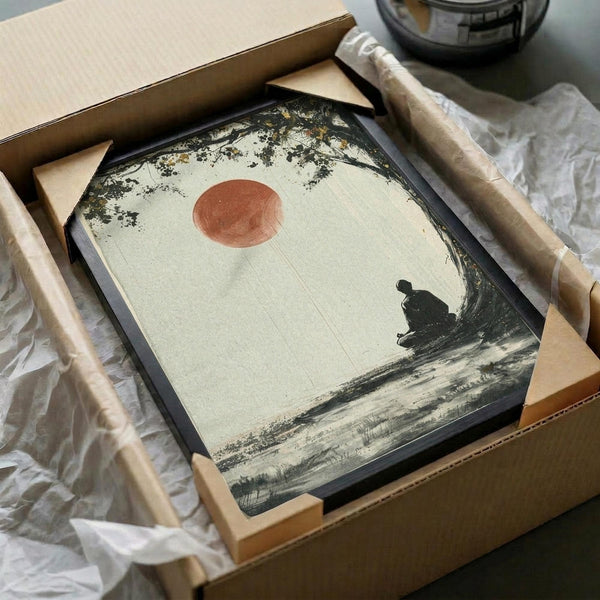 May include: Framed artwork in wooden shipping box with protective tissue paper and cardboard corners. The poster shows a silhouetted figure sitting in meditation beneath tree branches, with a large red-orange sun in a pale sky above a dark landscape. Black frame with natural wood corner protectors visible in unboxing scene.
