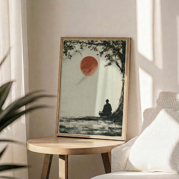 May include: Framed poster print displayed on round wooden side table next to beige upholstered chair. Artwork shows silhouette of meditating figure under tree branches with orange-red sun in pale sky, rendered in muted earth tones with Asian-inspired brushwork style. Natural lighting creates soft shadows across neutral room setting with plant visible in corner.