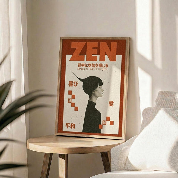 May include: Framed poster with orange and cream design featuring silhouette of person in profile, Japanese text including "ZEN" at top, displayed on round wooden side table next to beige upholstered chair with white throw pillow, plant leaves visible in corner, natural lighting creating soft shadows on white wall