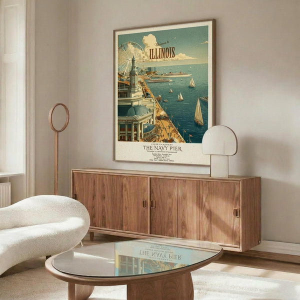 May include: Vintage-style travel poster featuring Chicago's Navy Pier with ferris wheel, pier extending into blue water with sailboats, and "Illinois" text at top, displayed in thin frame above mid-century modern walnut credenza with white upholstered chair and glass coffee table in neutral room setting.