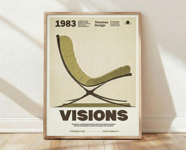 May include: A framed vintage-style poster featuring an olive green mid-century modern lounge chair with tufted upholstery and curved X-base legs. The beige textured background displays "1983" and "Timeless Design" at the top, "VISIONS" in large brown letters below the chair, with smaller descriptive text about form and function. The wooden frame sits on light wood flooring against a white textured wall with soft natural shadows.