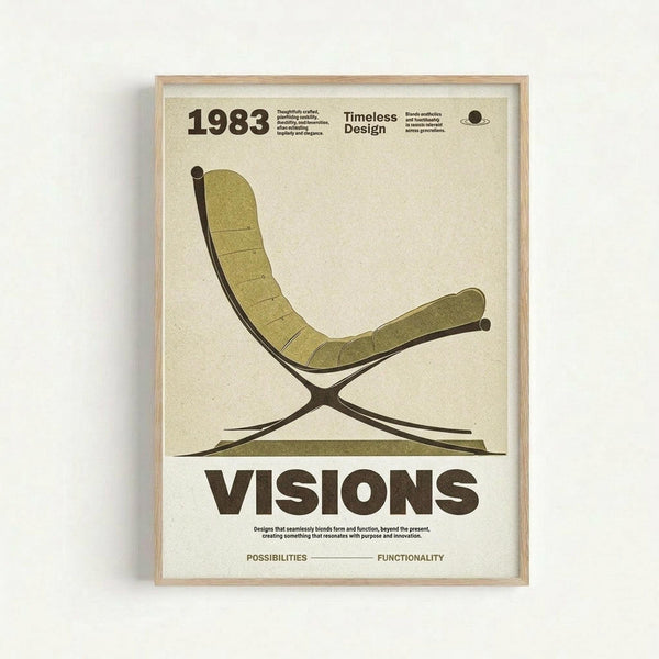 A minimalist design poster featuring a modern lounge chair illustration in olive green and brown tones. The chair has a curved X-shaped base and tufted cushioning. Bold text displays "1983" and "VISIONS" with smaller descriptive text about timeless design, possibilities, and functionality. The poster has a cream background and is displayed in a light wooden frame against a white wall.