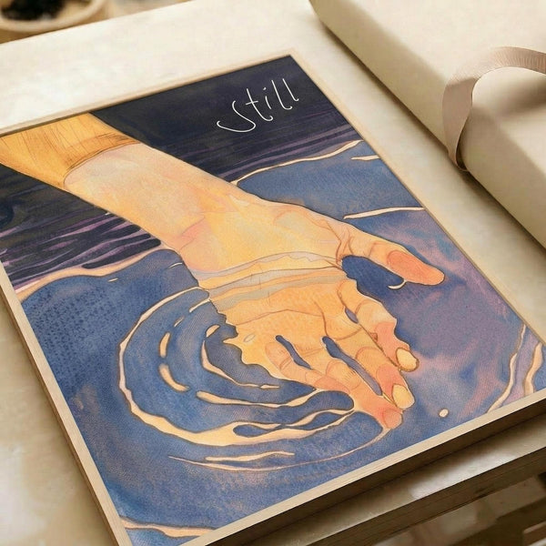 A hand extends down toward rippling water in warm golden and orange tones against a deep blue background. The word "Still" appears in white text at the top. The artwork shows textured brushstrokes and flowing water patterns. The print is displayed on white paper with a beige ribbon visible at the edge.
