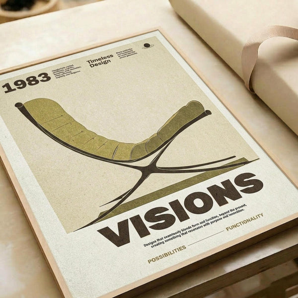 May include: Vintage-style poster print displayed on cream-colored paper with rolled paper tubes nearby. Features green curved lounge chair design in mid-century modern style with "VISIONS" text and "1983" date. Earth-toned color palette with beige background and brown typography. Print shows furniture illustration with words "POSSIBILITIES" and "FUNCTIONALITY" at bottom.