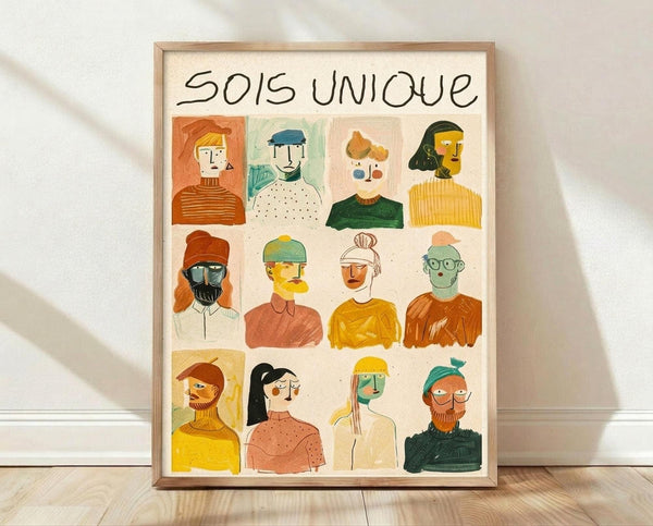 May include: Framed poster with twelve illustrated portrait squares showing diverse people in colorful clothing and accessories. Hand-drawn style artwork features characters in sweaters, hats, and glasses with warm tones of orange, yellow, green, and pink. Black text "SOIS UNIQUE" appears at top. Light wood frame sits against white wall on wooden floor with soft natural lighting creating gentle shadows.