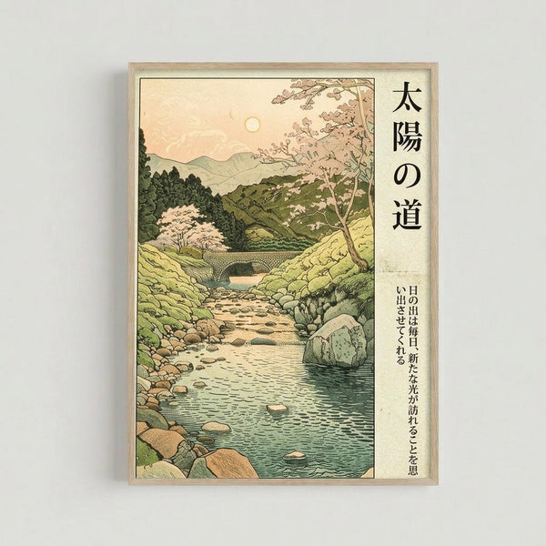 Japanese woodblock print style artwork featuring a serene mountain landscape with a winding stream, stone bridge, and cherry blossom trees. The scene shows rolling green hills, scattered rocks in the water, and a pale sun in a peach-colored sky. Vertical Japanese text appears on the right side. The print has muted earth tones and is displayed in a light wooden frame against a white wall.