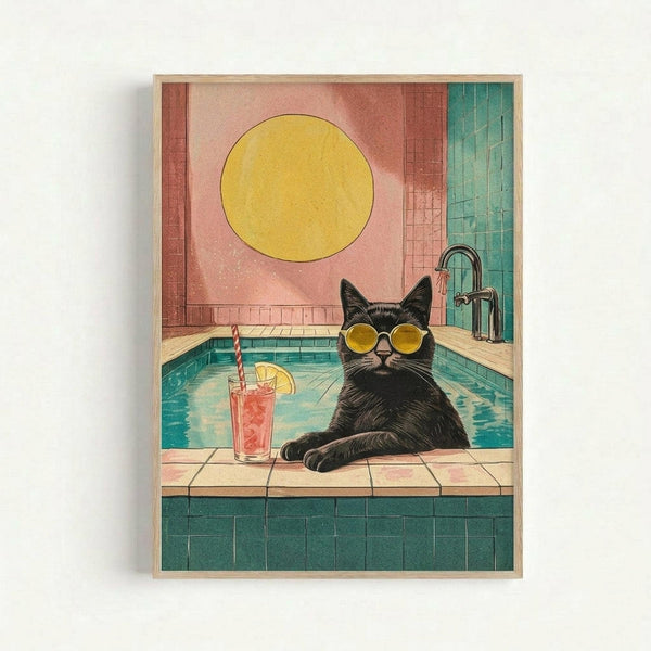 A vintage-style illustration of a black cat wearing round yellow sunglasses, lounging beside a turquoise swimming pool with a red drink garnished with a lemon slice nearby. The scene features retro color palette with coral pink and teal tiled walls, a large yellow sun in the background, and the artwork is displayed in a thin wooden frame against a white wall.