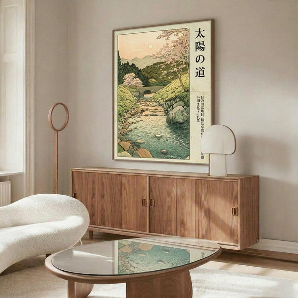 May include: Japanese-style woodblock print poster displayed above wooden sideboard in modern living room. Artwork shows serene landscape with winding river, cherry blossoms, mountains, and Japanese text on cream background in thin frame. Room features mid-century walnut credenza, white curved chair, glass-top coffee table, and minimalist decor with natural lighting.