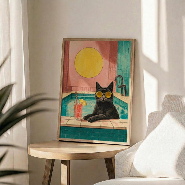 May include: Framed poster print displayed on wooden side table next to beige upholstered chair and plant. Artwork shows black cat wearing yellow sunglasses sitting poolside with turquoise tiles, coral pink wall, yellow sun, and tropical drink with straw. Natural lighting creates soft shadows across white wall.