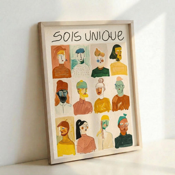 May include: Framed art print leaning against white wall showing twelve colorful illustrated portrait squares arranged in a grid. Each portrait features a different person with varied hairstyles, clothing, and facial features in warm tones of orange, yellow, green, and coral. The text "SOIS UNIQUE" appears at the top in black lettering. The artwork is displayed in a light wood frame on what appears to be a white surface.