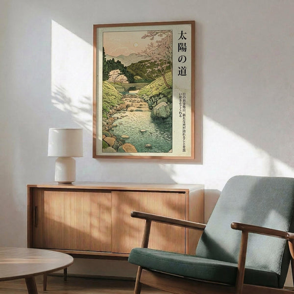 May include: Japanese-style woodblock print artwork hanging in modern living room with wooden credenza below, featuring mountain landscape with stream, cherry blossoms, and Japanese text. Print shows green hills, flowing water over stones, blooming trees under pale sky with moon. Room has mid-century teal armchair, white ceramic lamp, and warm natural lighting creating shadows on white wall.