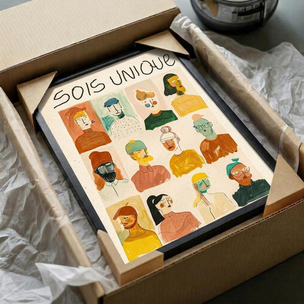 May include: Framed illustration showing twelve diverse character portraits in a grid layout with "Sois Unique" text at top. Colorful cartoon-style faces feature various skin tones, hair colors, beards, glasses, and hats in warm oranges, greens, and yellows. Black frame sits in open cardboard shipping box with white tissue paper padding on wooden surface.