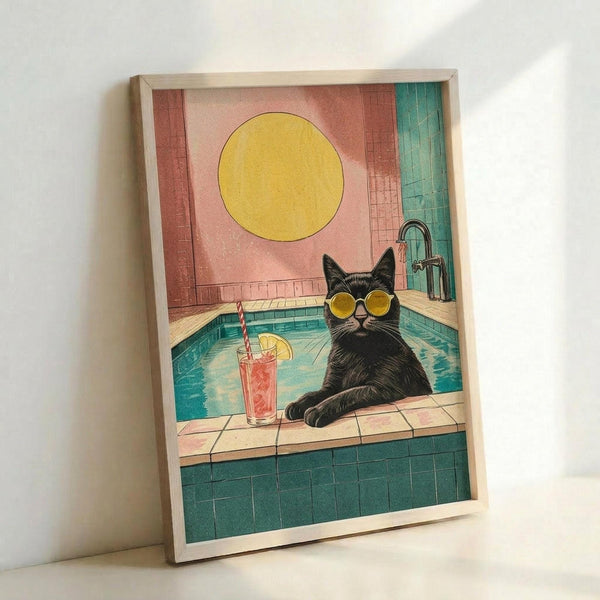 May include: Framed poster print leaning against white wall showing retro-style illustration of black cat wearing yellow sunglasses sitting by turquoise swimming pool. Cat positioned on beige tile pool edge next to pink drink with striped straw and lemon slice. Background features coral pink wall with large yellow sun and vintage-style faucet. Artwork has warm vintage color palette in natural wood frame.