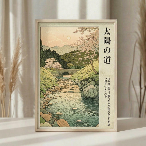 May include: Framed Japanese woodblock-style print showing a serene mountain landscape with cherry blossoms, a winding stream with stones, rolling hills, and traditional bridge. Features soft green and peach tones with Japanese text on cream background. Light wooden frame displayed on white surface against neutral curtained background with decorative dried wheat stems visible to the left.