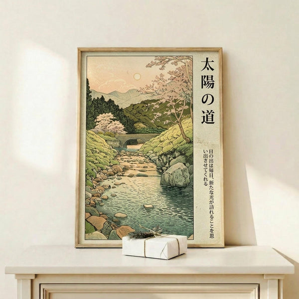May include: Framed Japanese woodblock-style print displayed on light wood console table against white wall. Artwork depicts serene landscape with flowing stream, cherry blossom trees, stone bridge, rolling green hills and pale sun. Features traditional color palette of soft greens, browns and peachy tones with Japanese text on cream background. Small white wrapped gift box sits in front of frame.