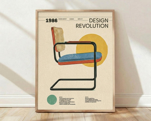 May include: Framed vintage-style poster featuring a modernist cantilever chair with woven cane back, blue upholstered seat, and black tubular steel frame against cream background with yellow circle accent. Text reads "1986 Design Revolution" with small descriptive paragraphs below. Natural wood frame sits on light wooden floor against white textured wall with soft shadows.