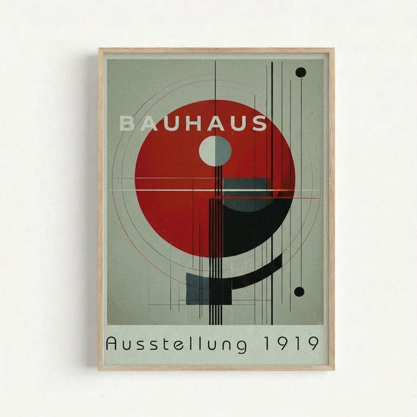 Framed vintage-style geometric poster with sage green background featuring a large red circle intersected by black lines and shapes. The design includes concentric circles, vertical lines, and smaller geometric elements in black and teal. White text reads "BAUHAUS" across the red circle and "Ausstellung 1919" at the bottom. The artwork is displayed in a light wood frame against a white wall, showcasing modernist Bauhaus design principles with bold colors and clean geometric forms.