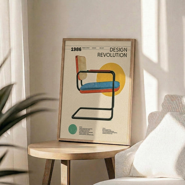 May include: Framed vintage-style poster featuring a modernist cantilever chair with woven cane back and colorful striped seat cushion in orange, blue, and yellow, displayed on a round wooden side table next to a beige upholstered armchair, with natural sunlight casting shadows through window and green plant leaves visible in corner of neutral-toned room