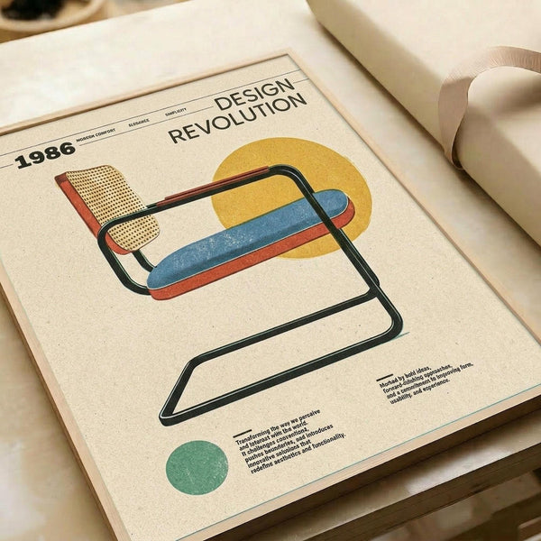 Vintage-style poster featuring a modernist cantilever chair illustration with colorful geometric shapes - yellow circle, blue and red stripes, dotted pattern elements. Black tubular chair frame against cream background with "1986 DESIGN REVOLUTION" text at top. Retro design aesthetic with descriptive text blocks below. Poster shown flat on neutral surface with rolled paper tubes nearby.