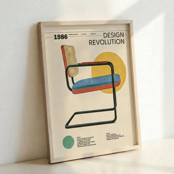 A vintage-style poster featuring a modernist chair design with a cantilever black metal frame, woven cane backrest, and colorful geometric elements including a yellow circle and blue oval shape. The cream-colored print displays "1986" and "DESIGN REVOLUTION" at the top, with descriptive text below. The poster is displayed in a light wood frame leaning against a white wall, showing the full artwork with retro typography and mid-century modern aesthetic.