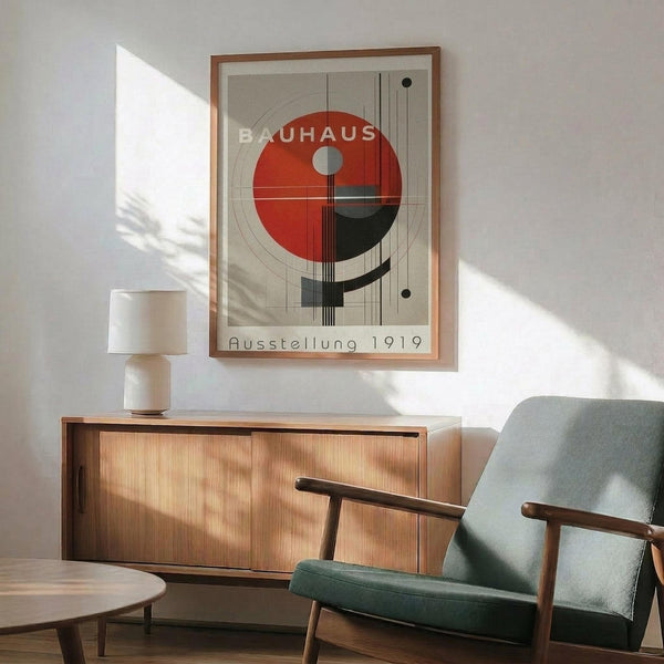 May include: Bauhaus-inspired geometric poster with red and black circular design on beige background, displayed in wooden frame above mid-century modern credenza. Green upholstered armchair with wooden arms sits nearby, white ceramic table lamp on credenza, natural sunlight casting shadows across white wall in minimalist living room setting.