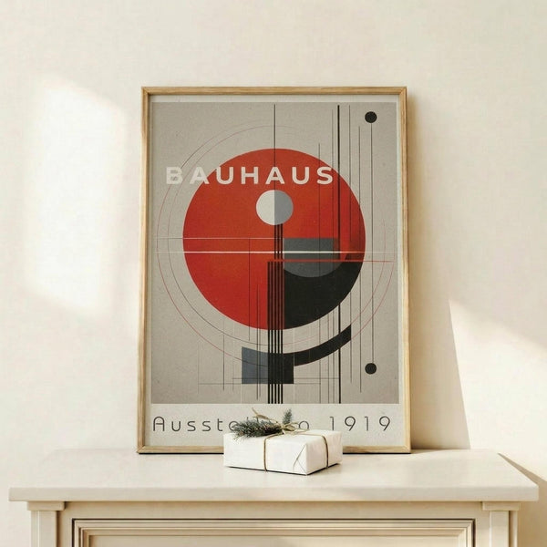 May include: Framed Bauhaus-inspired geometric poster with red and black circle design, vertical lines, and "Ausstellung 1919" text, displayed on light wood table with small wrapped gift beside it against cream wall