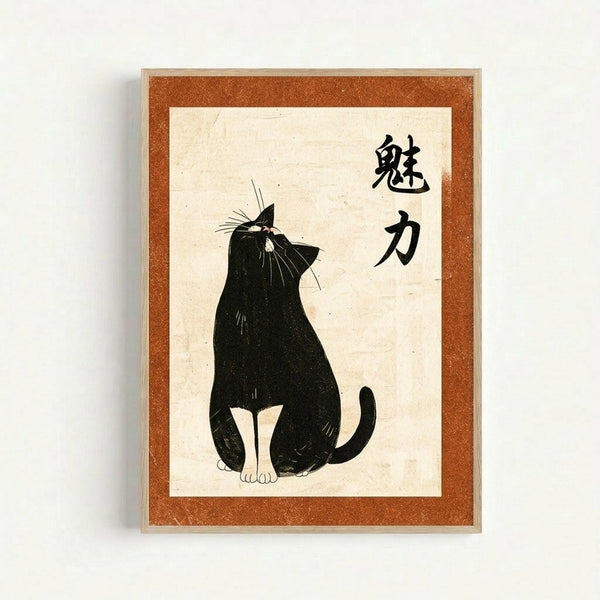 Framed artwork showing a minimalist black cat silhouette sitting upright against a cream textured background, with two black Japanese kanji characters in the upper right corner. The print has a rust-colored mat border and light wood frame, displayed against a white wall.