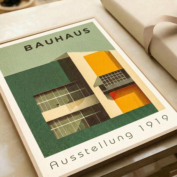 Vintage-style poster featuring modernist Bauhaus architecture with geometric building forms in green, orange, and cream colors against a sage green background. The design shows angular structures with grid windows and clean lines typical of 1920s architectural movement. Text reads "BAUHAUS" at top and "Ausstellung 1919" at bottom in black lettering. Print is displayed flat on white paper with neutral packaging materials visible in background.