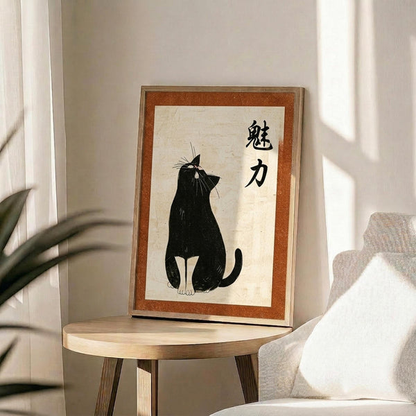 May include: Framed poster featuring a black cat silhouette sitting upright with Japanese characters, displayed on a round wooden side table next to a beige upholstered chair. The artwork has an orange-brown mat border within a light wooden frame, set against white walls with natural sunlight streaming across the scene and a plant visible in the corner.