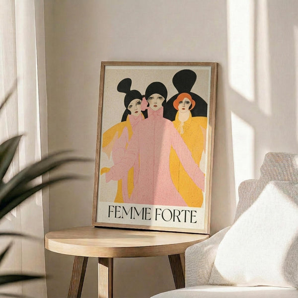 May include: Framed vintage-style illustration poster displayed on round wooden side table next to beige upholstered chair. Artwork shows three stylized women in flowing pink and yellow robes with black shadowy figures behind them, text reads "FEMME FORTE" below. Natural wood frame, cream background, soft window lighting creates shadows on white wall. Green plant leaves visible in corner.