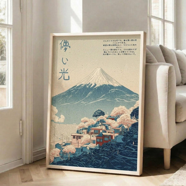 May include: Framed poster artwork leaning against white wall next to beige upholstered chair in bright living room with hardwood floors. The vintage-style illustration shows Mount Fuji with snow-capped peak rising above traditional Japanese buildings nestled among autumn trees in coral and teal colors. Japanese characters appear on left side with text block in upper right corner. Natural lighting streams through tall windows creating soft shadows.