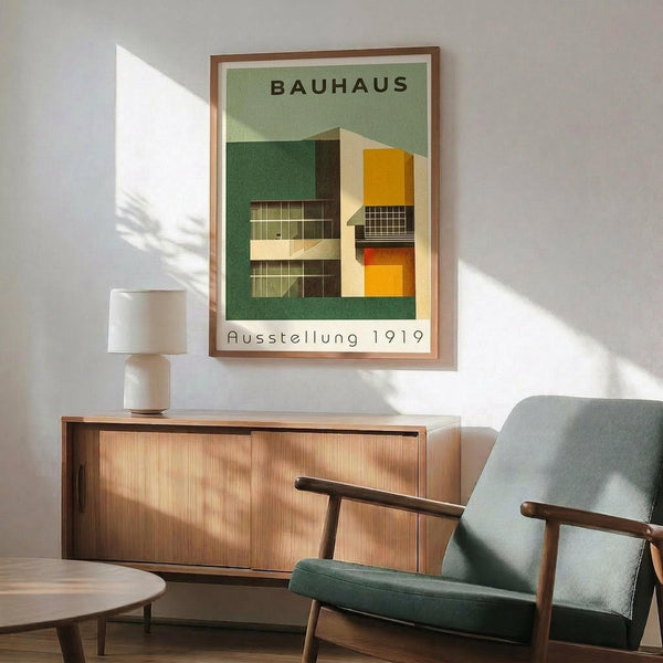 May include: Framed Bauhaus poster with geometric modernist building illustration in green, yellow, and cream colors hanging above wooden credenza with lamp and mid-century green upholstered chair in sunlit room with white walls