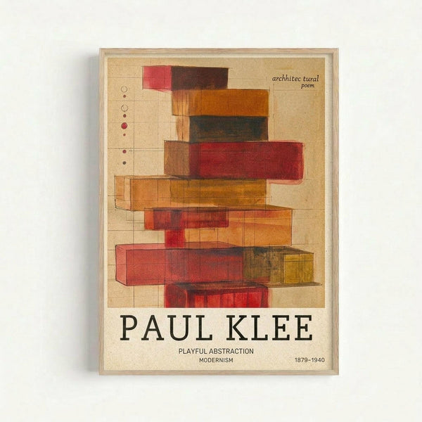 Framed abstract art print featuring geometric rectangular blocks in overlapping layers of red, orange, brown, and green watercolor tones on cream background. The composition includes architectural grid lines and small circular elements on the left side. Text reads "architectural poem" in upper right, "PAUL KLEE" prominently at bottom, with "PLAYFUL ABSTRACTION MODERNISM 1879-1940" below. Light wood frame mounted on white wall.